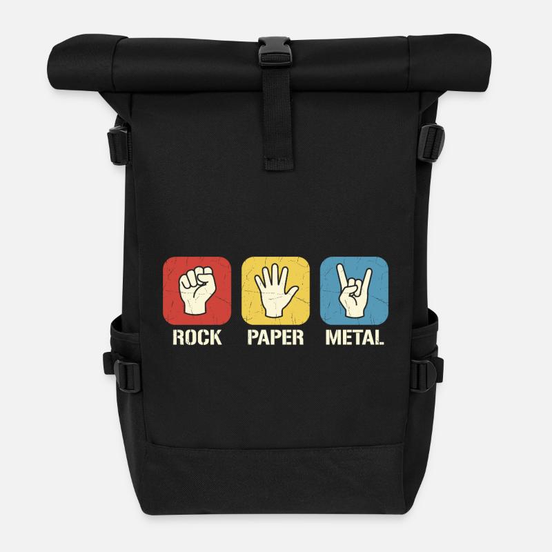 Rock Paper Metal – Retro Rock Scissors Design - Rolltop Rucksack - Schwarz