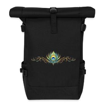 Peacock Feather Ornament Boho Symmetrical - Roll Top Backpack - black - Front