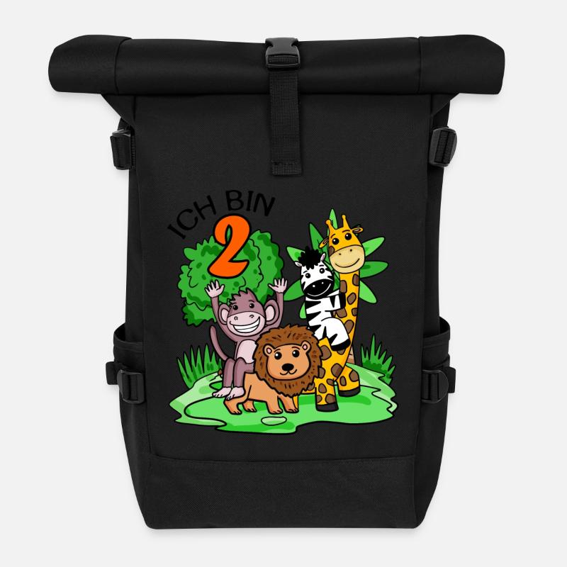 2. Geburtstag - Ich bin 2 - Tiere Wildnis - Rolltop Rucksack - Schwarz