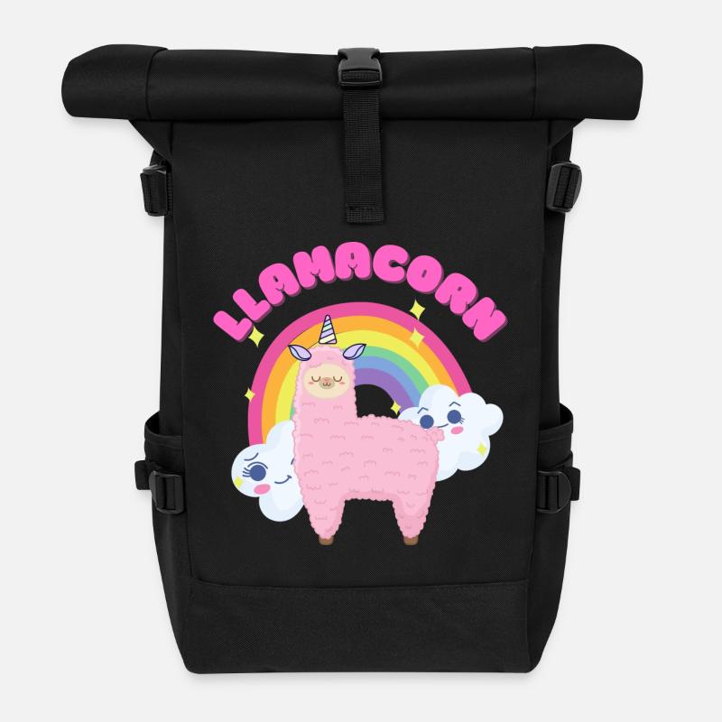 Skurriles rosa Lama mit Regenbogen - Rolltop Rucksack - Schwarz