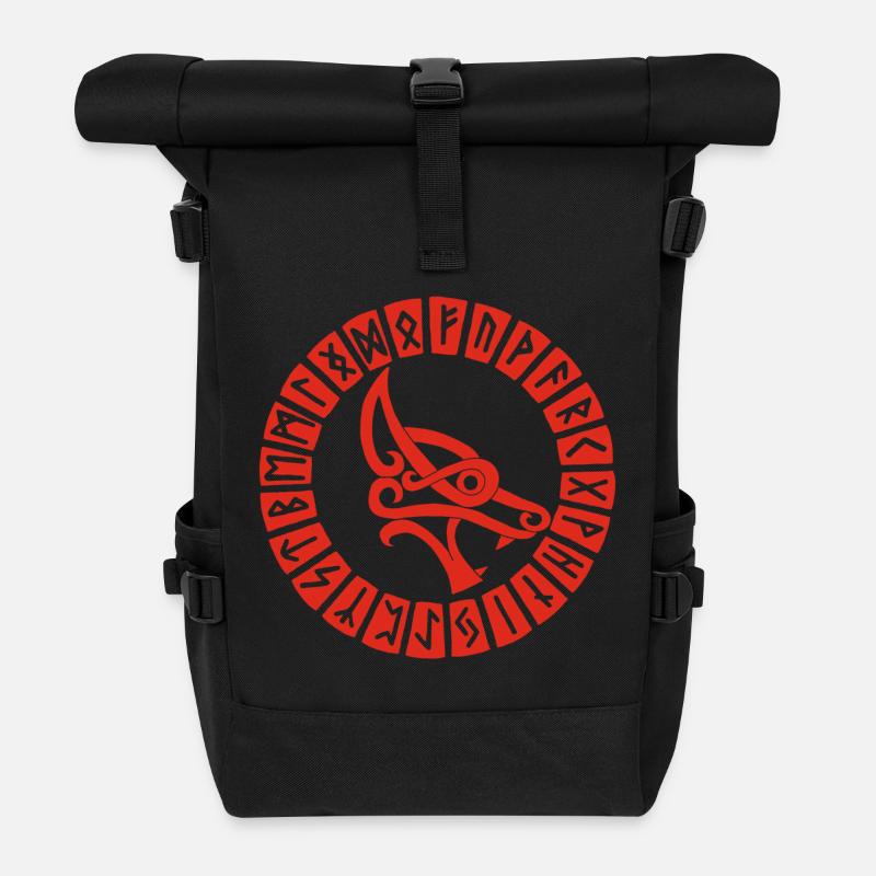 Roter Wolf und Wikingerrunen - Rolltop Rucksack - Schwarz