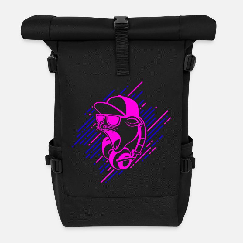 Cool cat with headphones - Roll Top Backpack - black