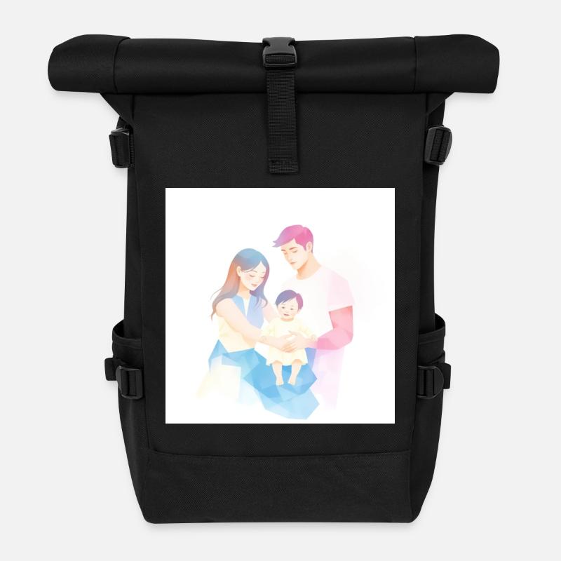 Cute and modern family illustration - Roll Top Backpack - black
