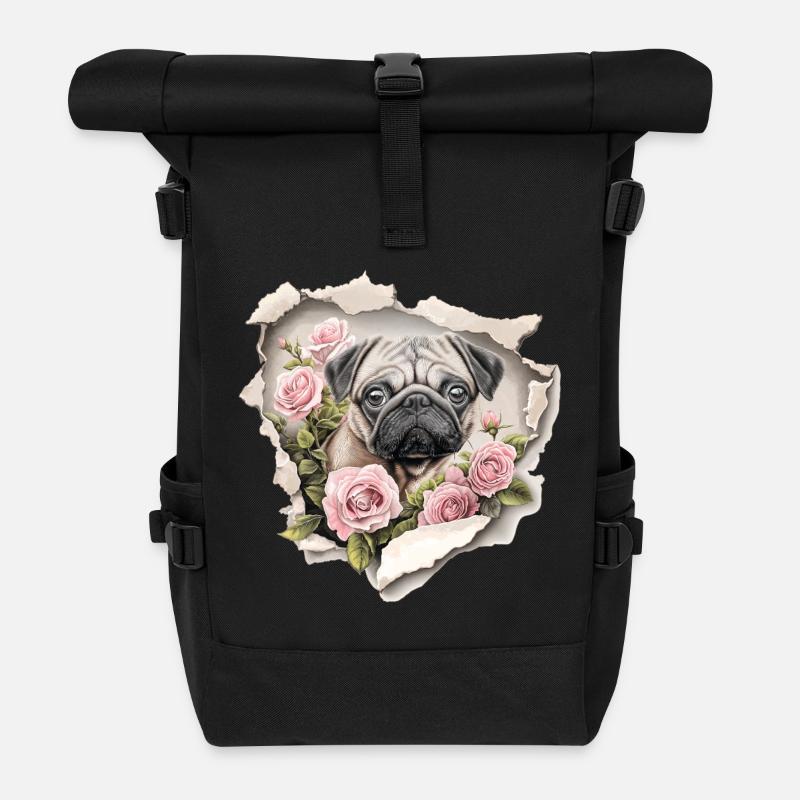 Pug Flowers Vintage - Roll Top Backpack - black