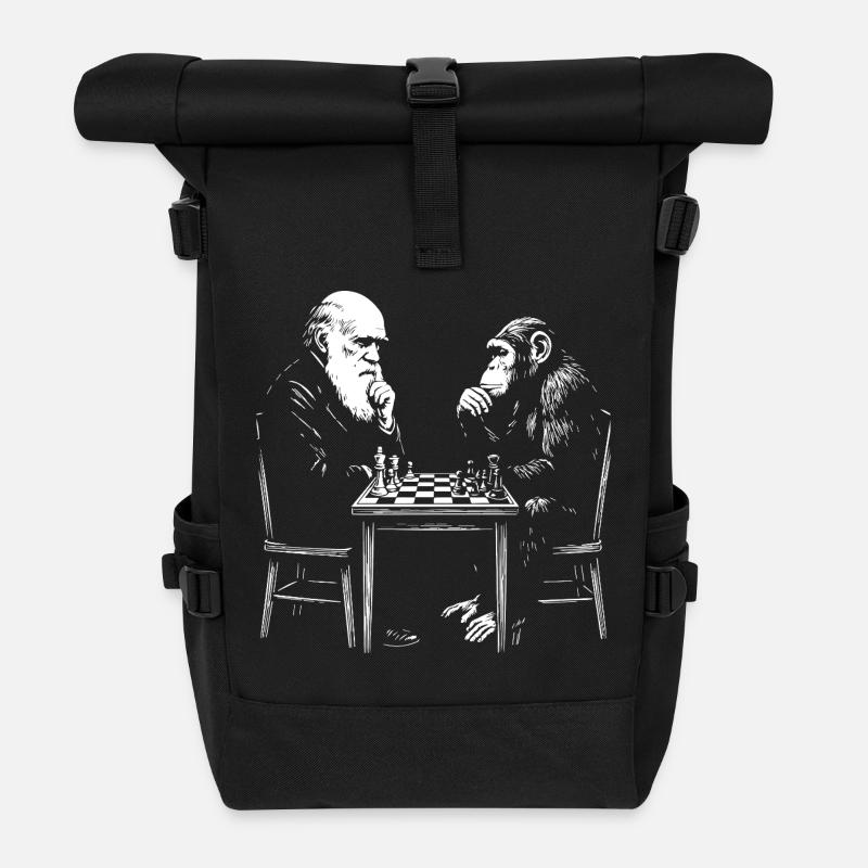 Darwin spielt Schach mit dem Affen – Evolutionsspiel - Rolltop Rucksack - Schwarz