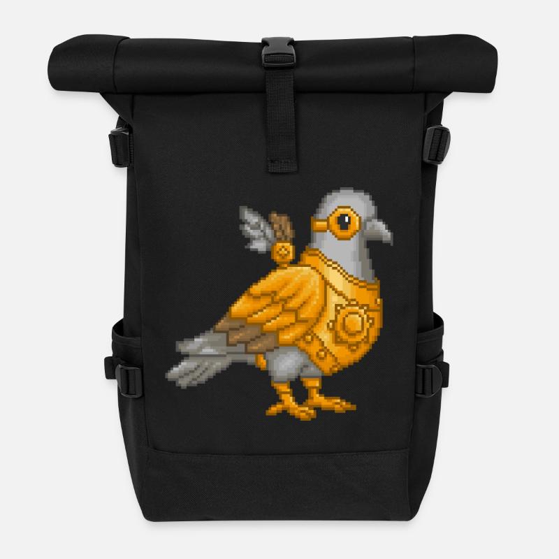 Steampunk Pigeon in Pixel Armor - Roll Top Backpack - black
