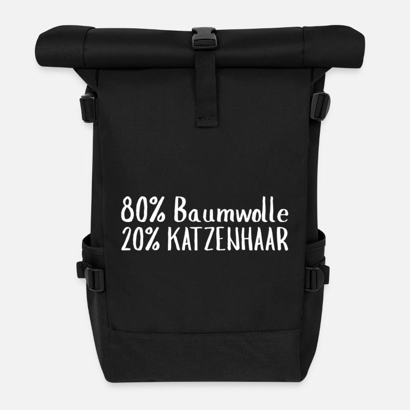 80% Baumwolle 20% Katzenhaar – Spuren – Sprüche – Katze - Rolltop Rucksack - Schwarz