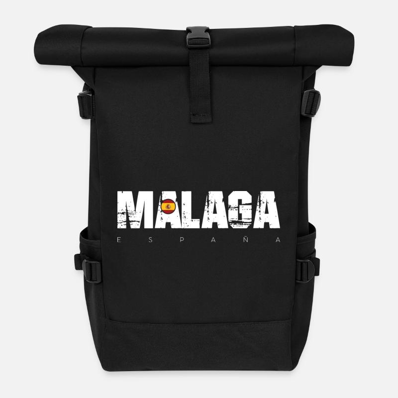 Málaga Distressed Text mit spanischer Flagge - Rolltop Rucksack - Schwarz
