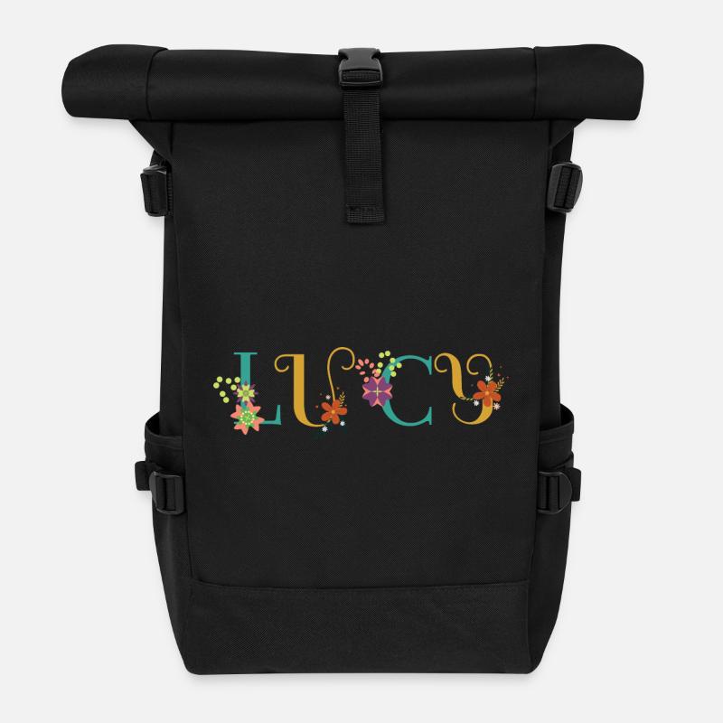 LUCY Namenskunst mit Blumen bestickt - Rolltop Rucksack - Schwarz