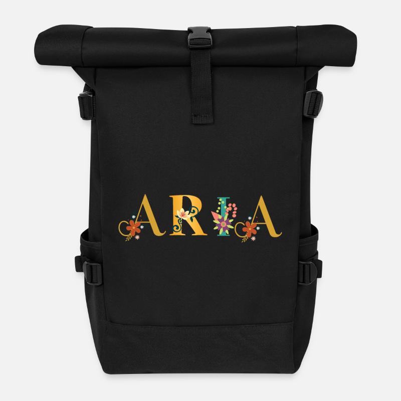 ARIA Name Art With Flowers Embroidered - Roll Top Backpack - black