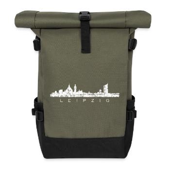 Leipzig Skyline Panorama (Vintage/Weiß) - Rolltop Rucksack - Olive/Schwarz - Vorne