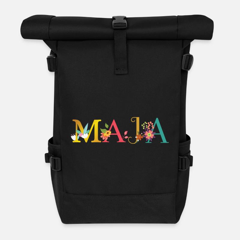 MAJA Name mit Blumen geschmückt - Rolltop Rucksack - Schwarz