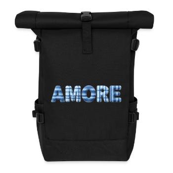 Amore Eisblau Schriftzug Patchwork Trend - Rolltop Rucksack - Schwarz - Vorne