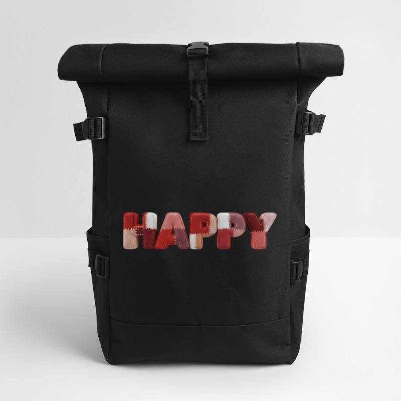 Happy Patchwork Design Fabric Patchwork Look Roll Top Backpack