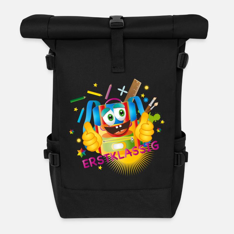 erstklassiger kunterbunter lustiger Schulranzen - Rolltop Rucksack - Schwarz