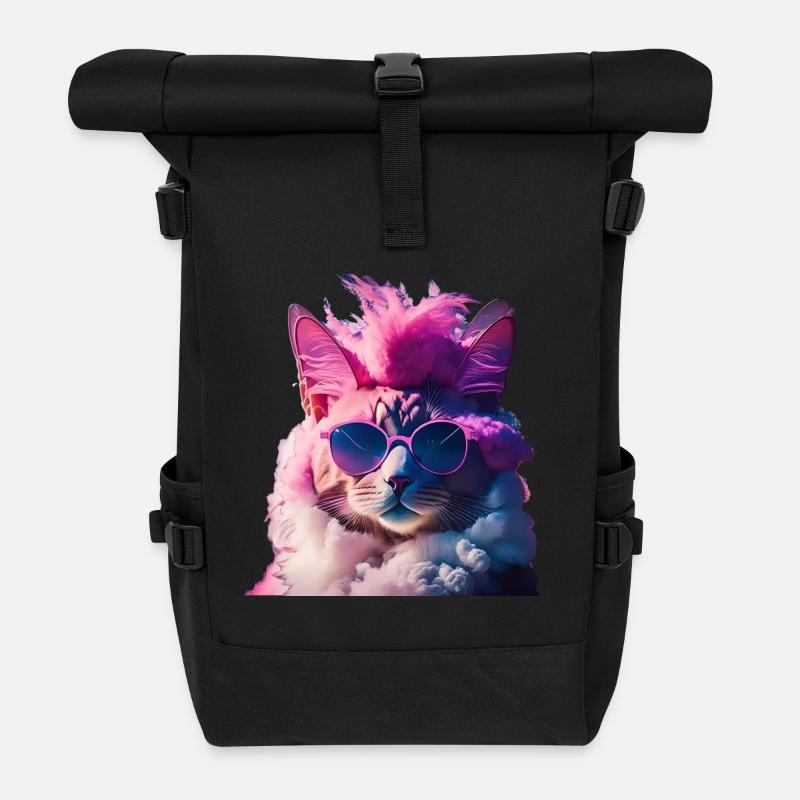 Colorful cat with mohawk gift idea - Roll Top Backpack - black