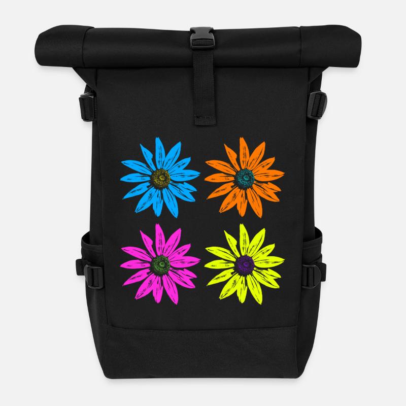 Blumen Pop Art vier Farben - Rolltop Rucksack - Schwarz
