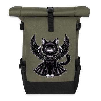 Black Cat Gothic Angel Wings Baroque - Roll Top Backpack - olive/black - Front
