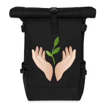 Hands with Plant – Sustainability Nature Motif - Roll Top Backpack - black - Front