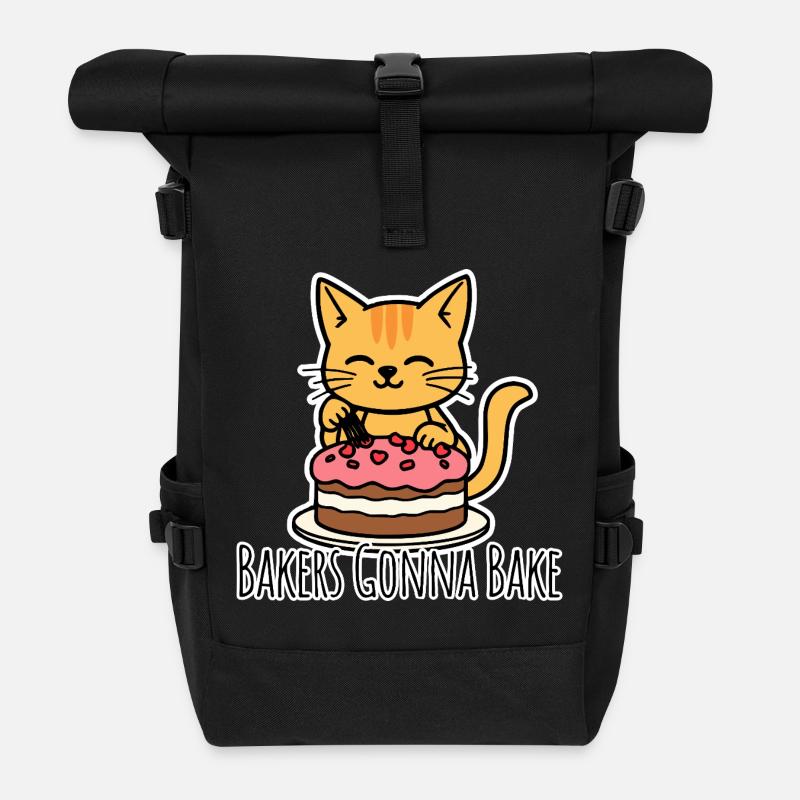 The cute baker cat bakes a cake! - Roll Top Backpack - black