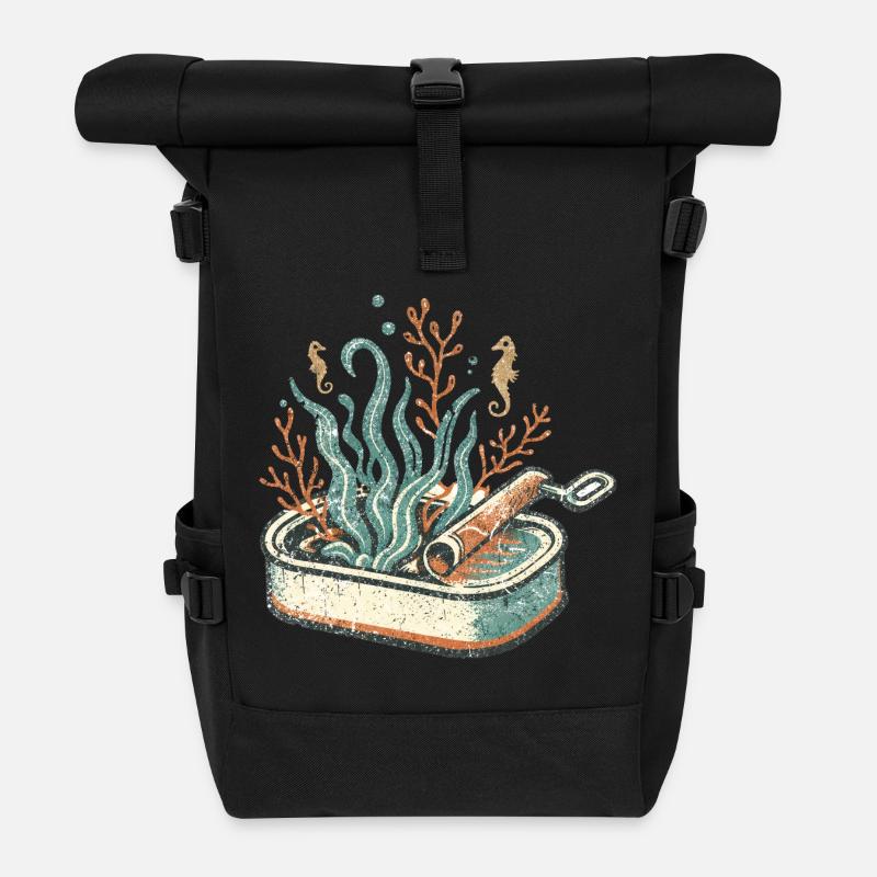 Vintage Sardine Can Seagrass – Maritime Ocean Art - Roll Top Backpack - black