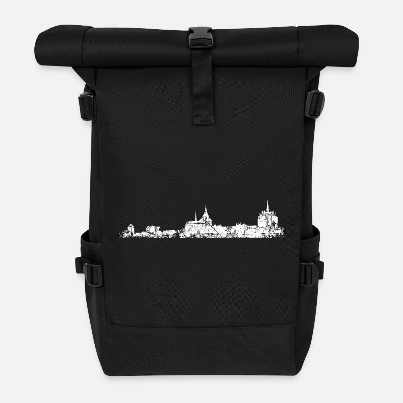 Rostocker Skyline (Vintage/Weiß) Rostock - Rolltop Rucksack - Schwarz