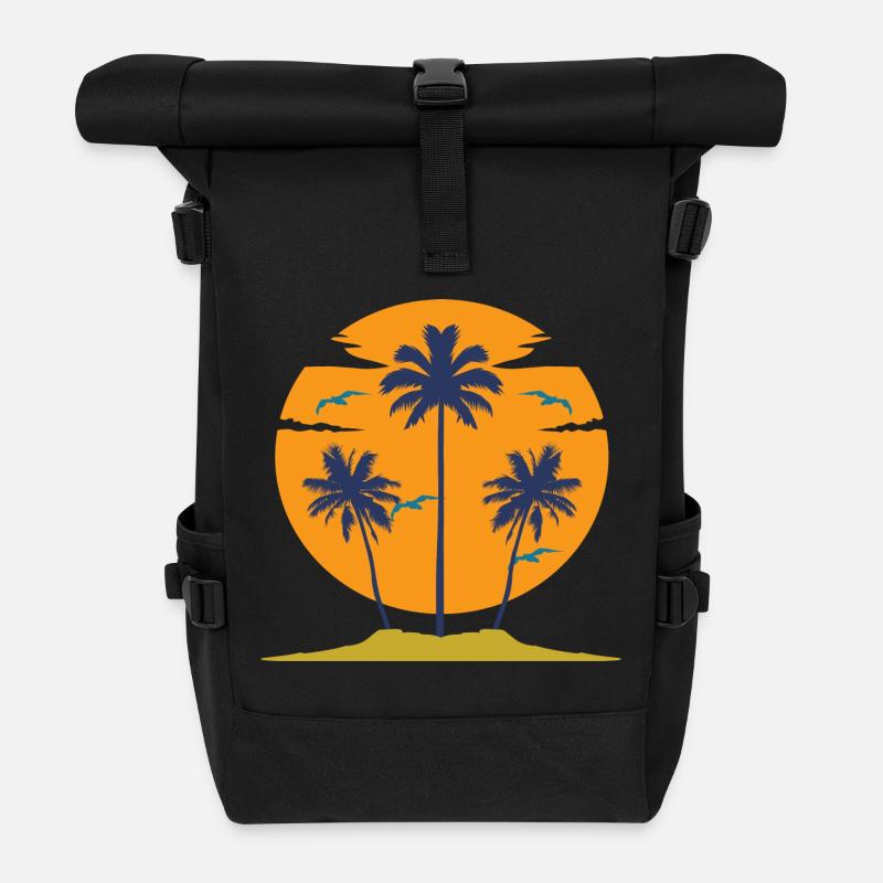 Coucher de soleil avec silhouette de palmiers - Sac à dos roll top - noir