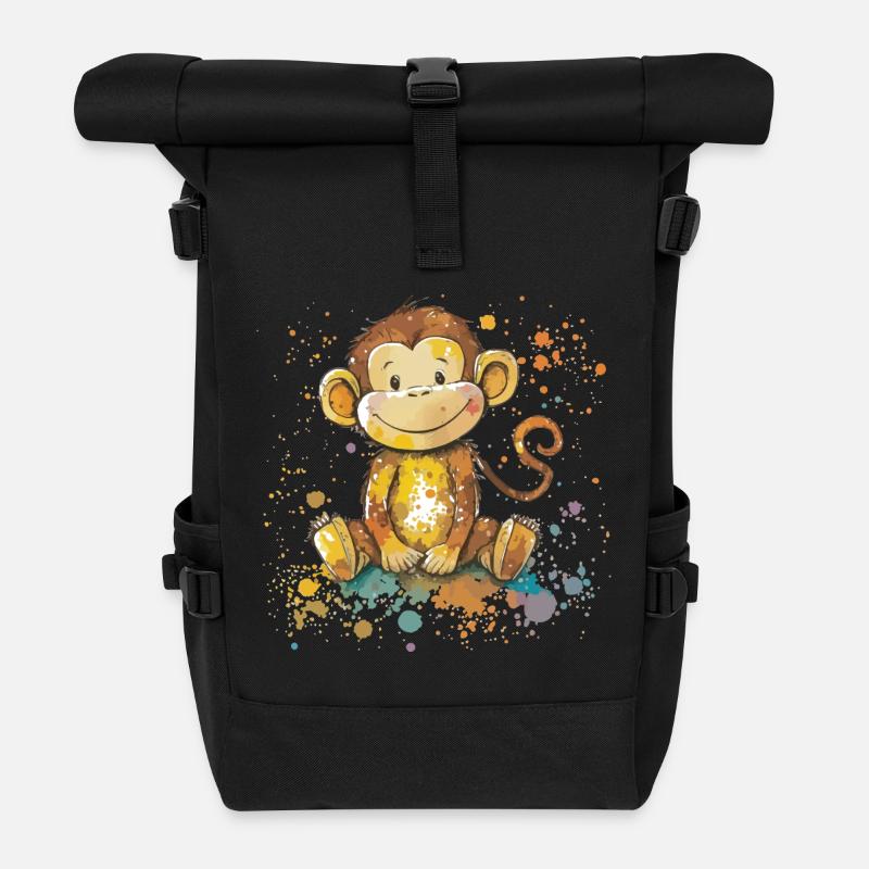 Illustration à l’aquarelle de singe ludique - Sac à dos roll top - noir