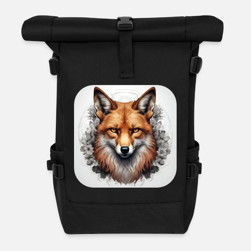 Fuchs mit Blumen - Rolltop Rucksack - Schwarz