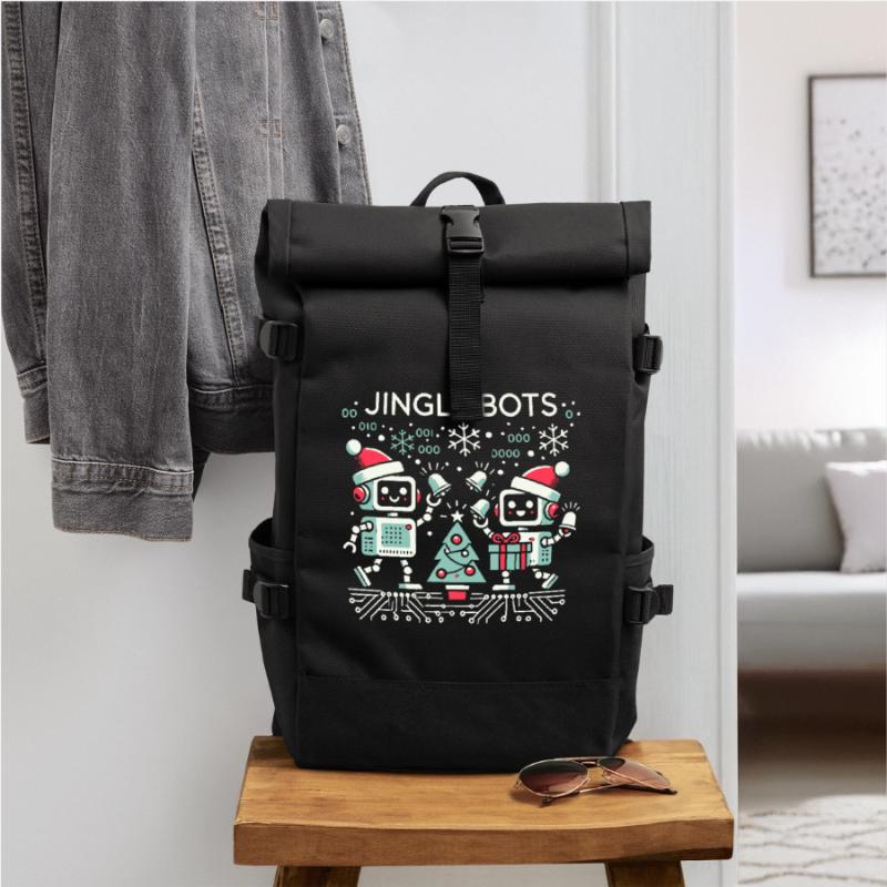 Jingle Bots - Christmas Robots with Binary Code Roll Top Backpack