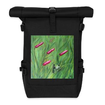 Green Frog Among Pink Pollens Artwork - Roll Top Backpack - black - Front
