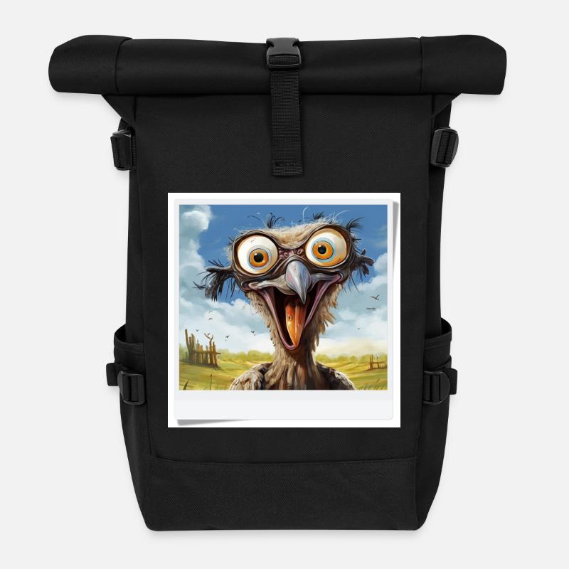 Lachender Vogel mit großen Augen - Rolltop Rucksack - Schwarz