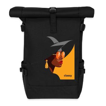 Elegante Frau mit Hut und Sonnenbrille - Rolltop Rucksack - Schwarz - Vorne