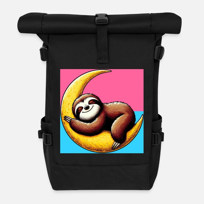 Sloth sleeps on the Moon - Roll Top Backpack - black