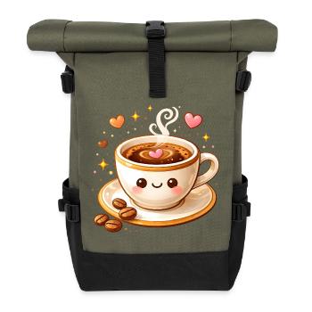 Cute Coffee Mug with Face Illustration - Roll Top Backpack - olive/black - Front