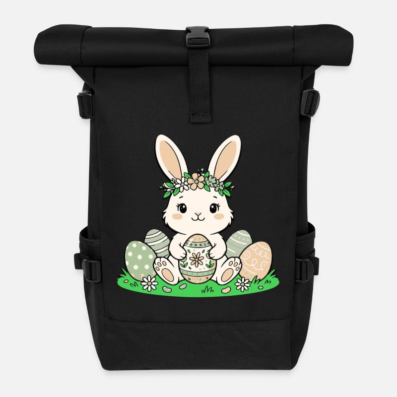 Osterhäschen mit Blütenkranz - Rolltop Rucksack - Schwarz