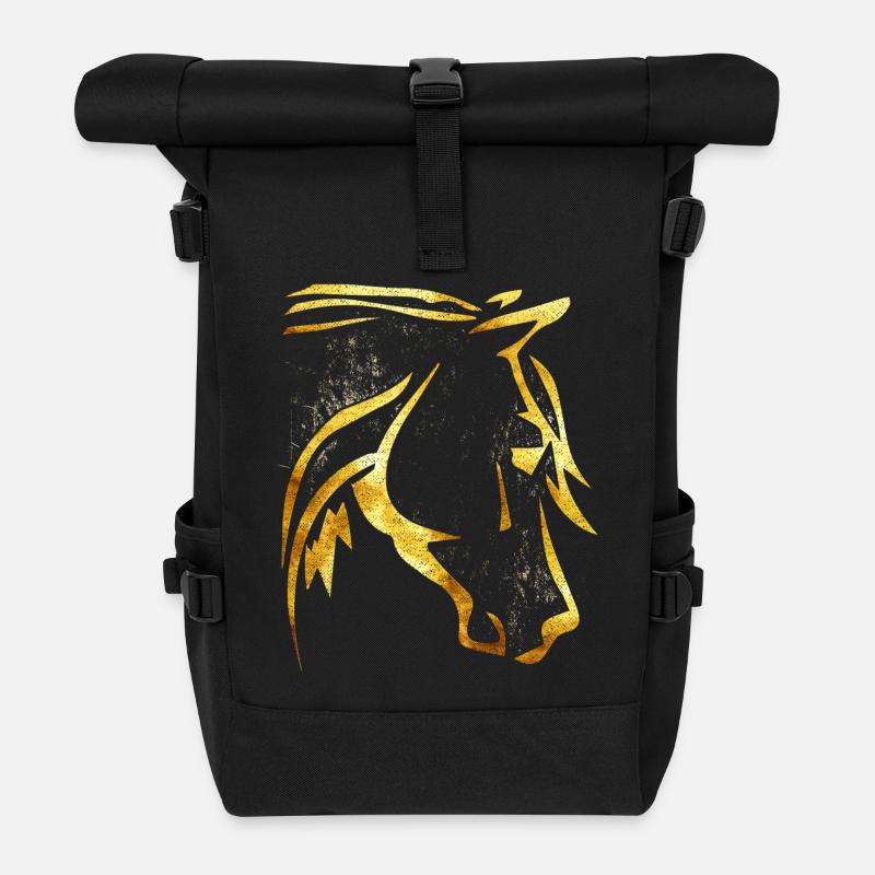 Reiten - Reiter - Pferdekopf - Goldenes Pferd - Rolltop Rucksack - Schwarz