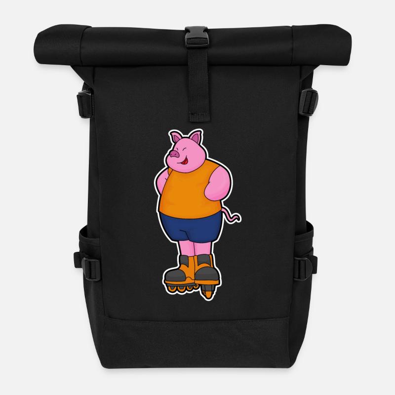 Schwein als Skater mit Inline Skates - Rolltop Rucksack - Schwarz