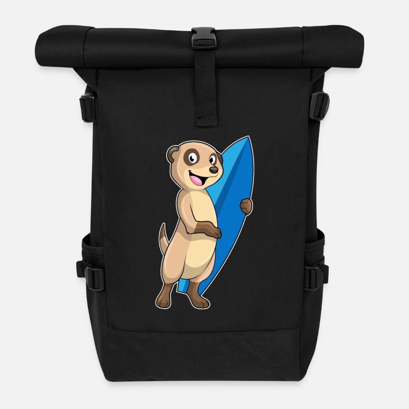 Erdmännchen als Surfer mit Surfbrett - Rolltop Rucksack - Schwarz