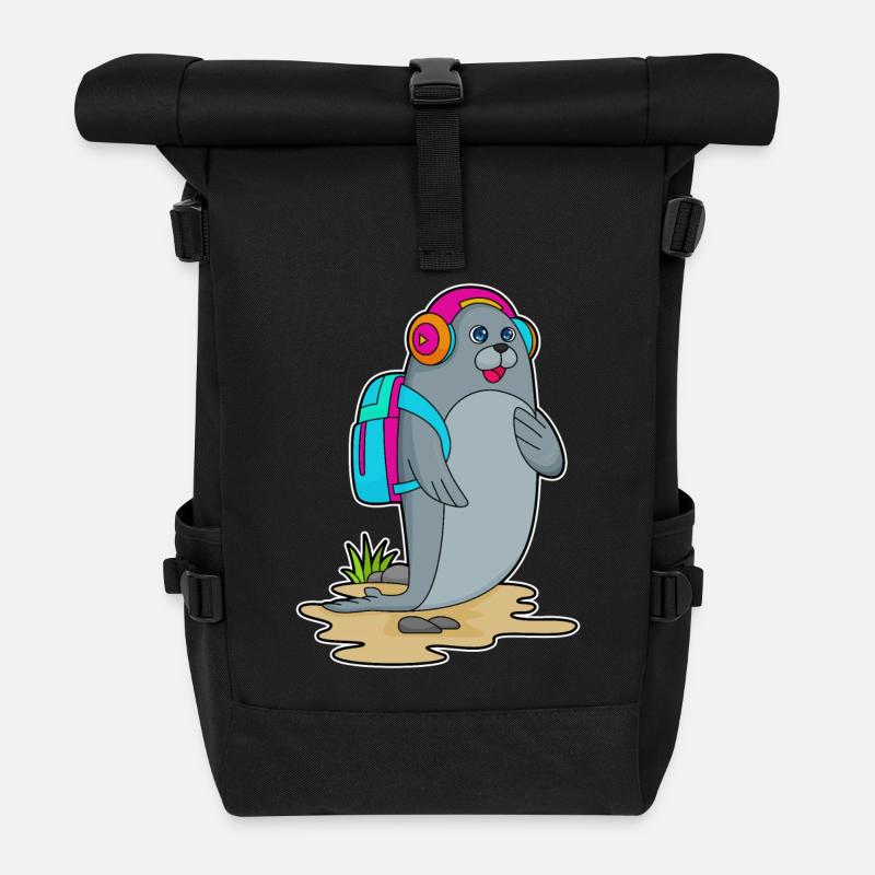 Seehund als Wanderer mit Rucksack - Rolltop Rucksack - Schwarz