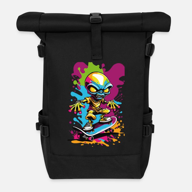 Alien auf Skateboard bunte Illustration - Rolltop Rucksack - Schwarz