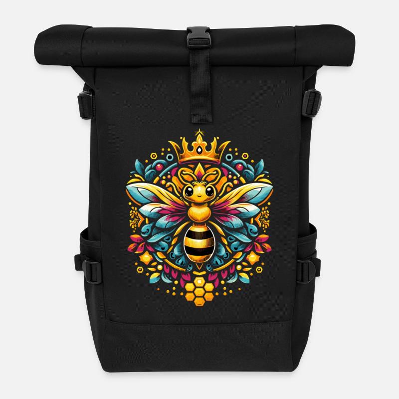 Lebhaftes, farbenfrohes Bienenkönigin Motiv - Rolltop Rucksack - Schwarz