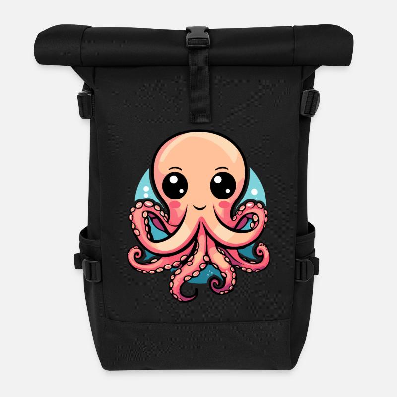 Bezaubernder Kawaii Oktopus - Rolltop Rucksack - Schwarz