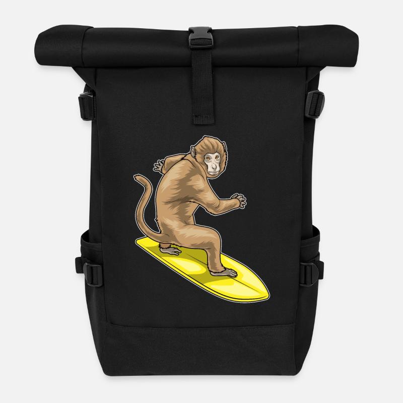 Affe Surfer Surfbrett - Rolltop Rucksack - Schwarz