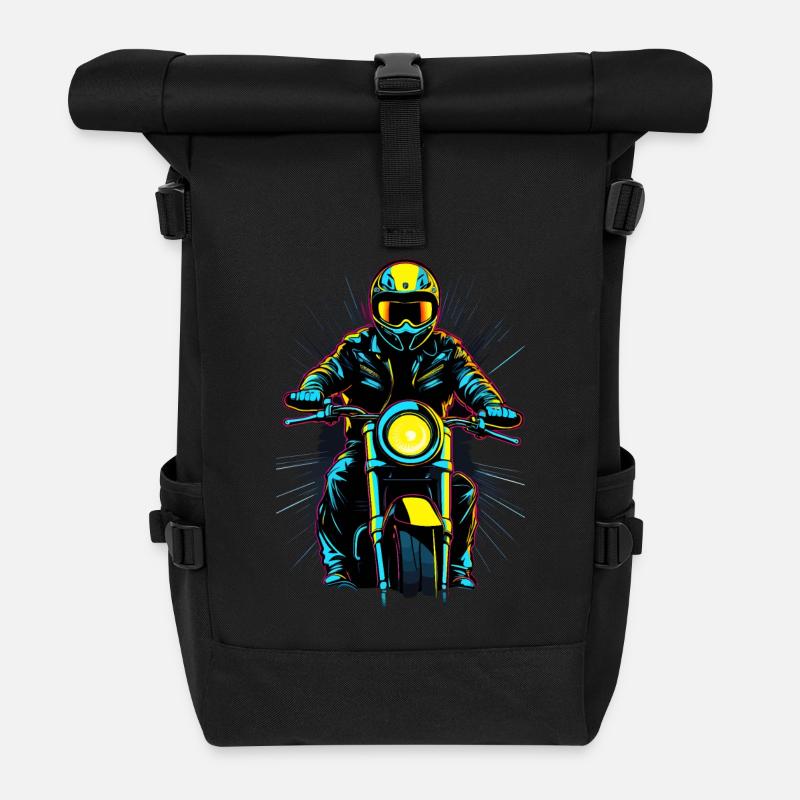 Motard néon sur moto - Sac à dos roll top - noir