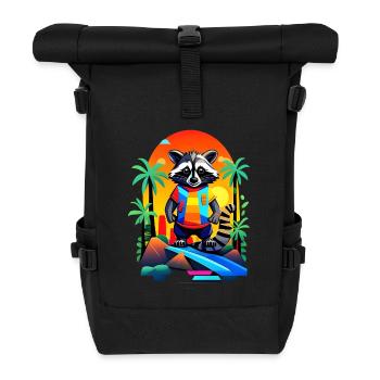 Retro Raccoon in Tropical Sunset - Roll Top Backpack - black - Front