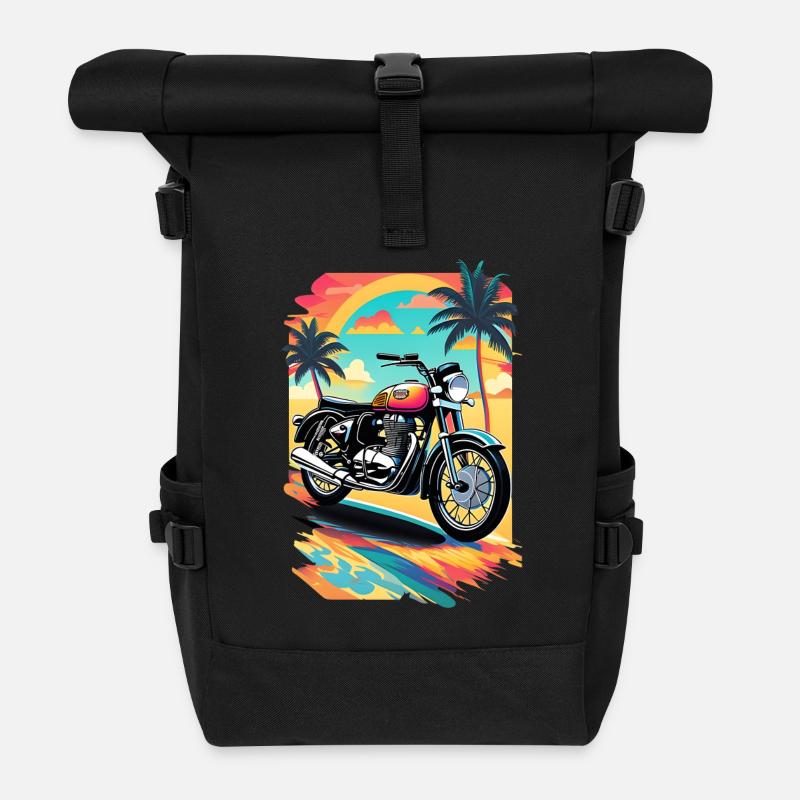 Retro-Motorrad an einem tropischen Strand - Rolltop Rucksack - Schwarz