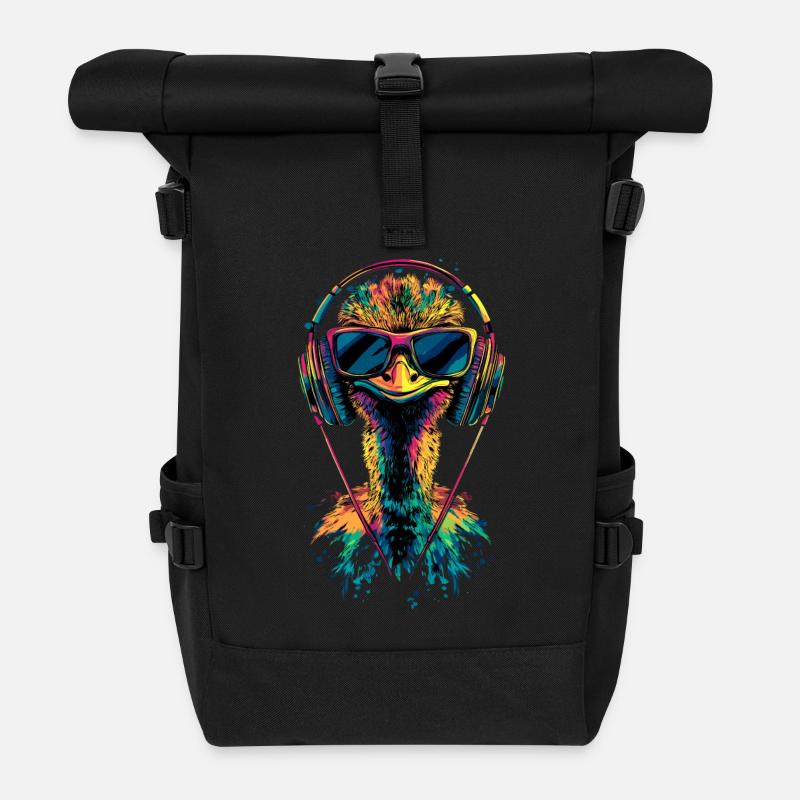 Strauss Vogel Kopfhörer Popart Emu Musik DJ Strauß - Rolltop Rucksack - Schwarz