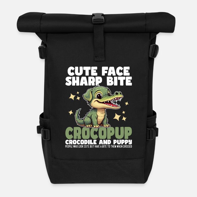 CUTE FACE SHARP BITE - CROCODILE AND PUPPY - Roll Top Backpack - black
