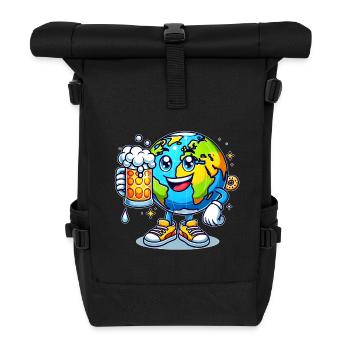 Weltkugel mit Bier Comic Stil lustiges Motiv - Rolltop Rucksack - Schwarz - Vorne